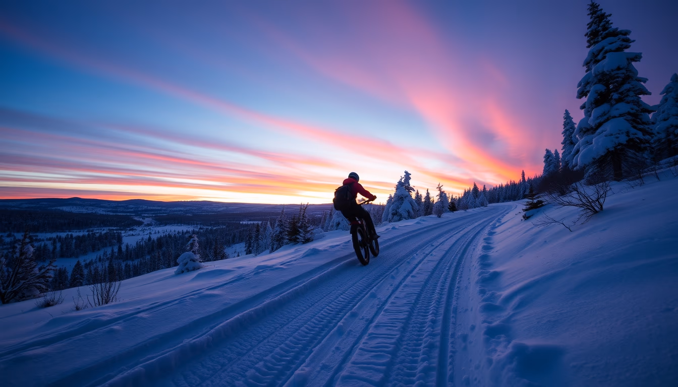fat bike snow trail in editorial style
