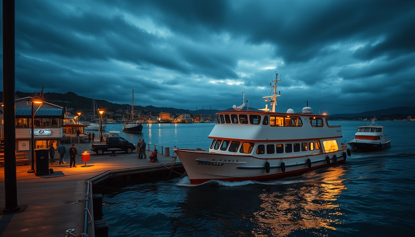 ferry boat harbor in editorial style