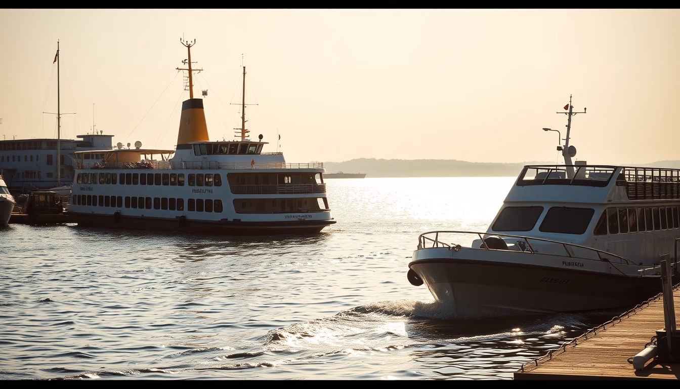 ferry boat harbor in editorial style