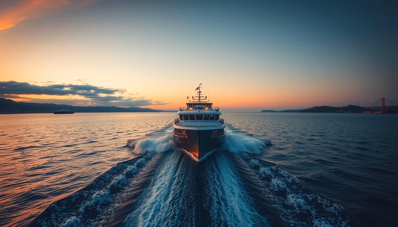 ferry crossing strait in editorial style