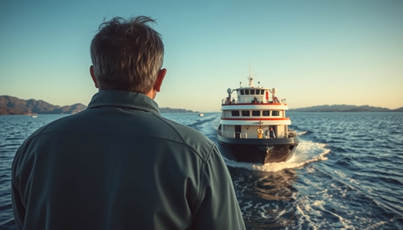 ferry crossing strait in editorial style