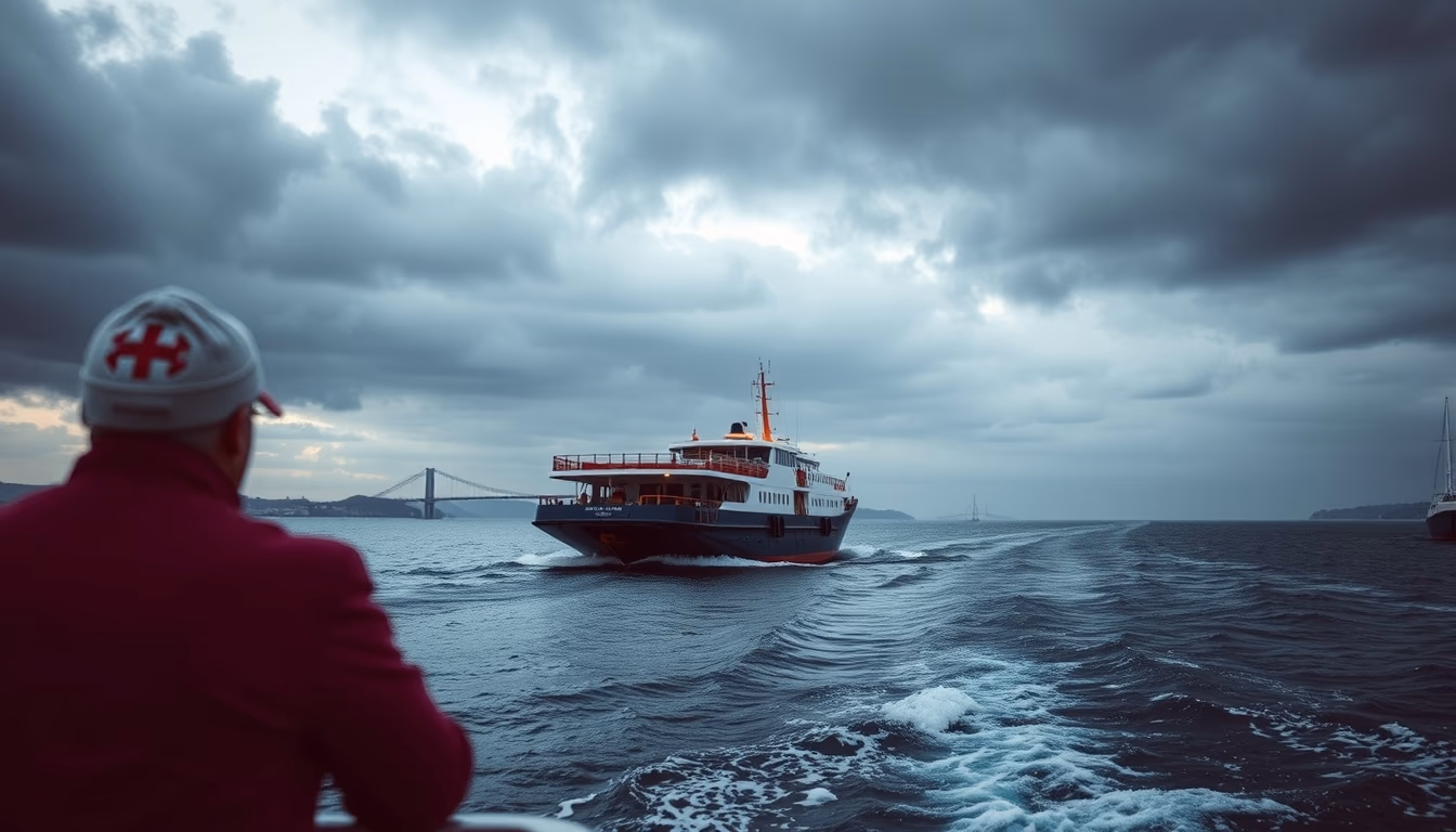 ferry crossing strait in editorial style