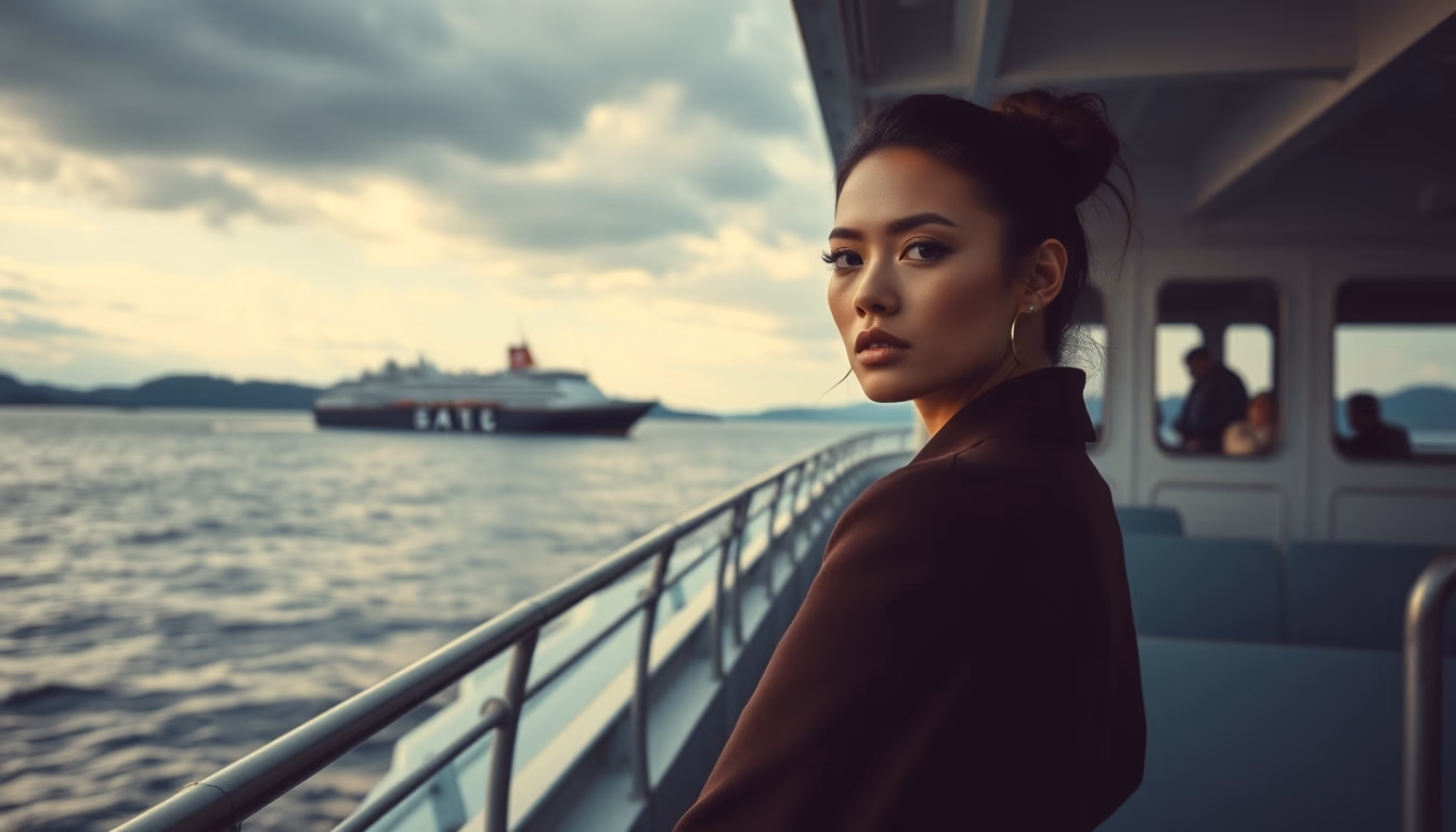 ferry crossing strait in editorial style