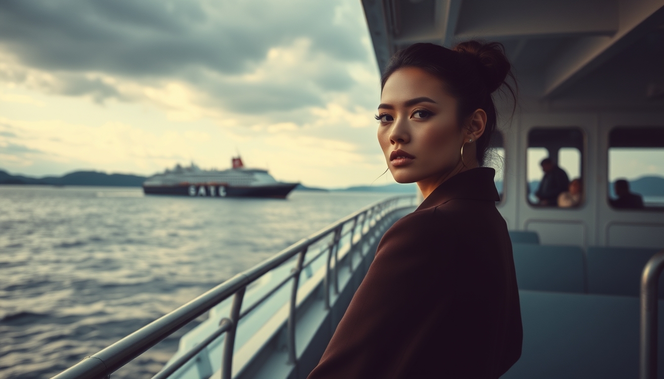 ferry crossing strait in editorial style