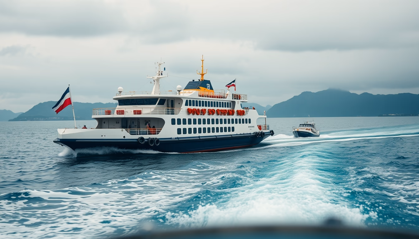 ferry crossing strait in editorial style