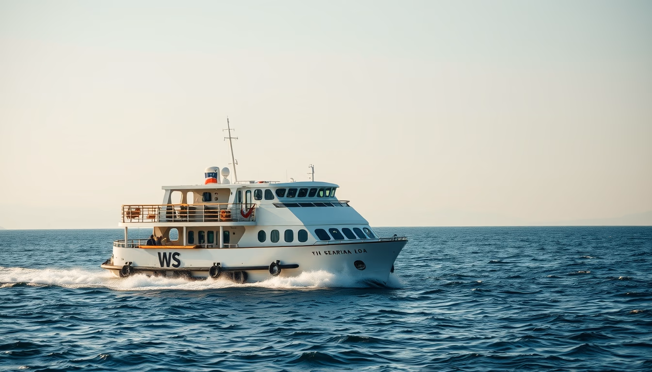 ferry crossing strait in editorial style