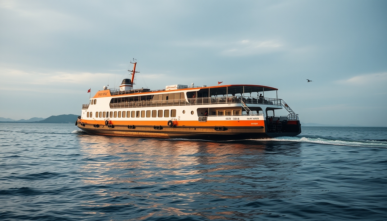 ferry crossing strait in editorial style