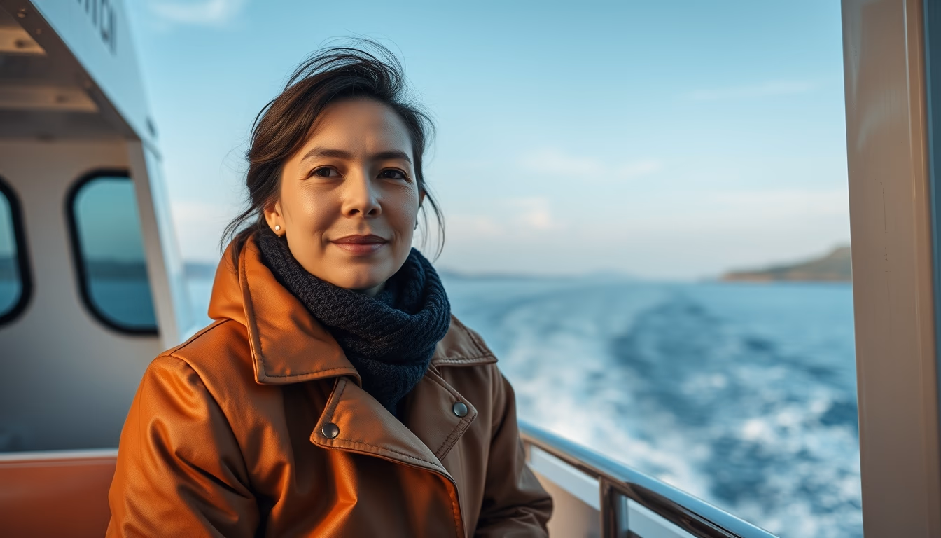 ferry crossing strait in editorial style