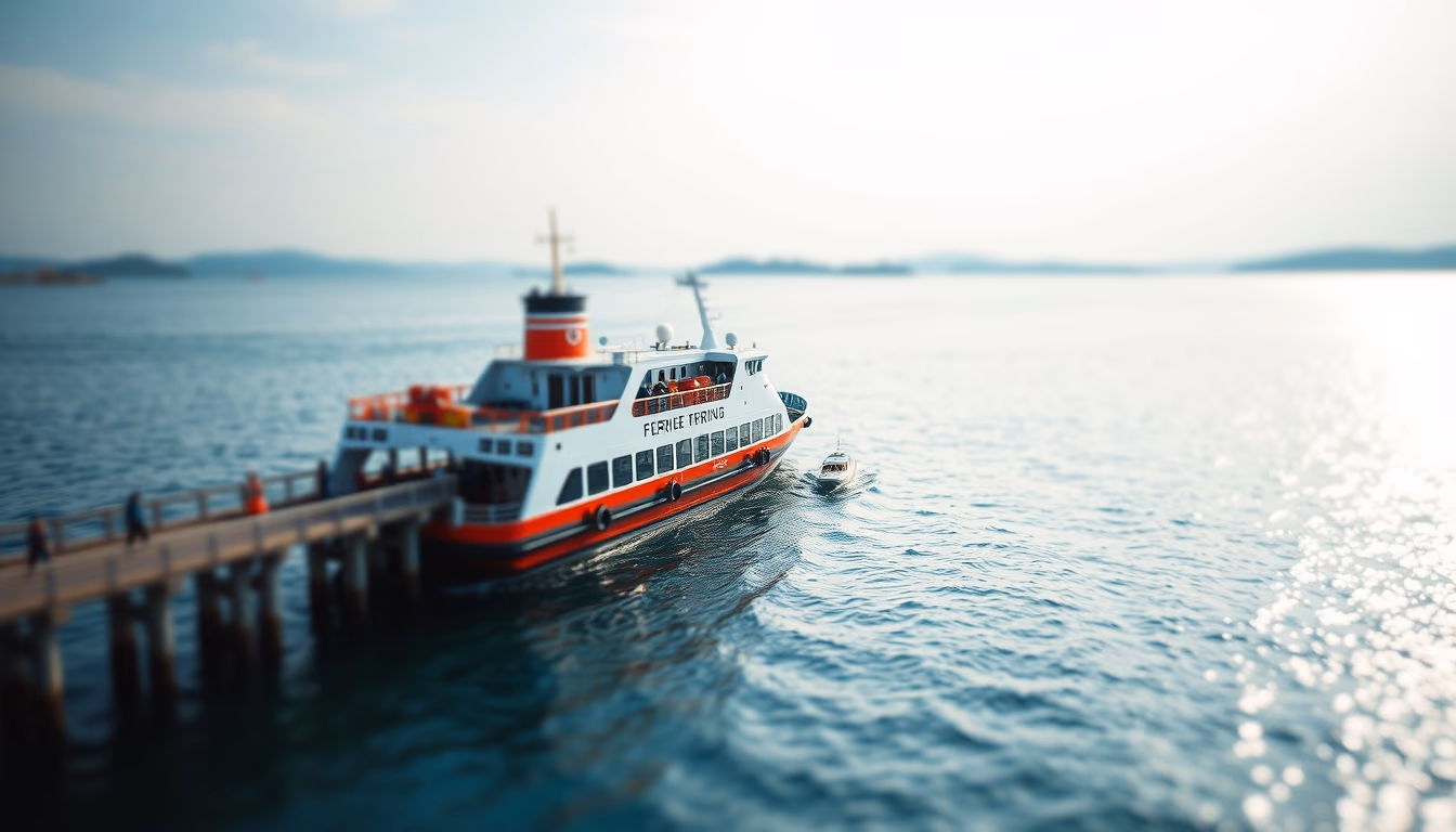 ferry crossing strait in editorial style