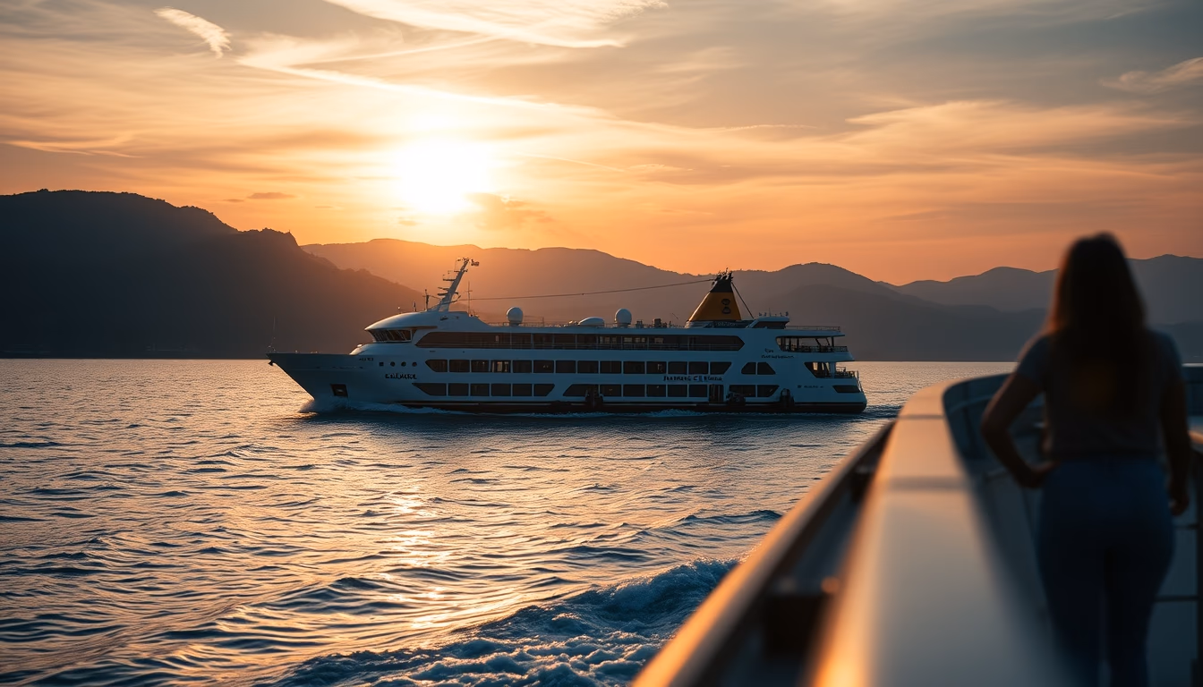 ferry crossing strait in editorial style