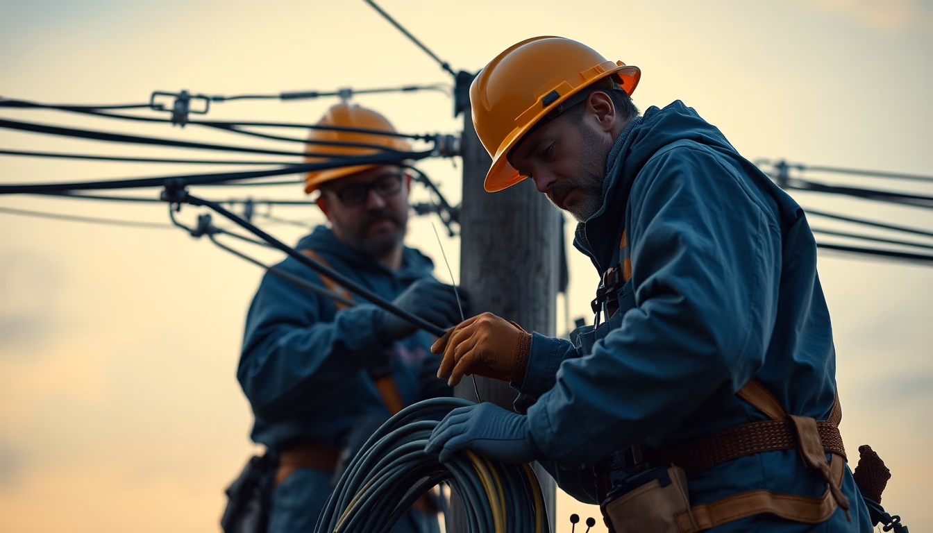 fiber optic cable installation technicians on telephone pole in editorial style
