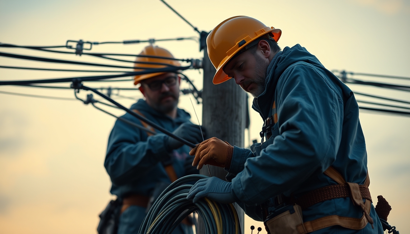 Fiber optic cable installation technicians on telephone pole em estilo editorial