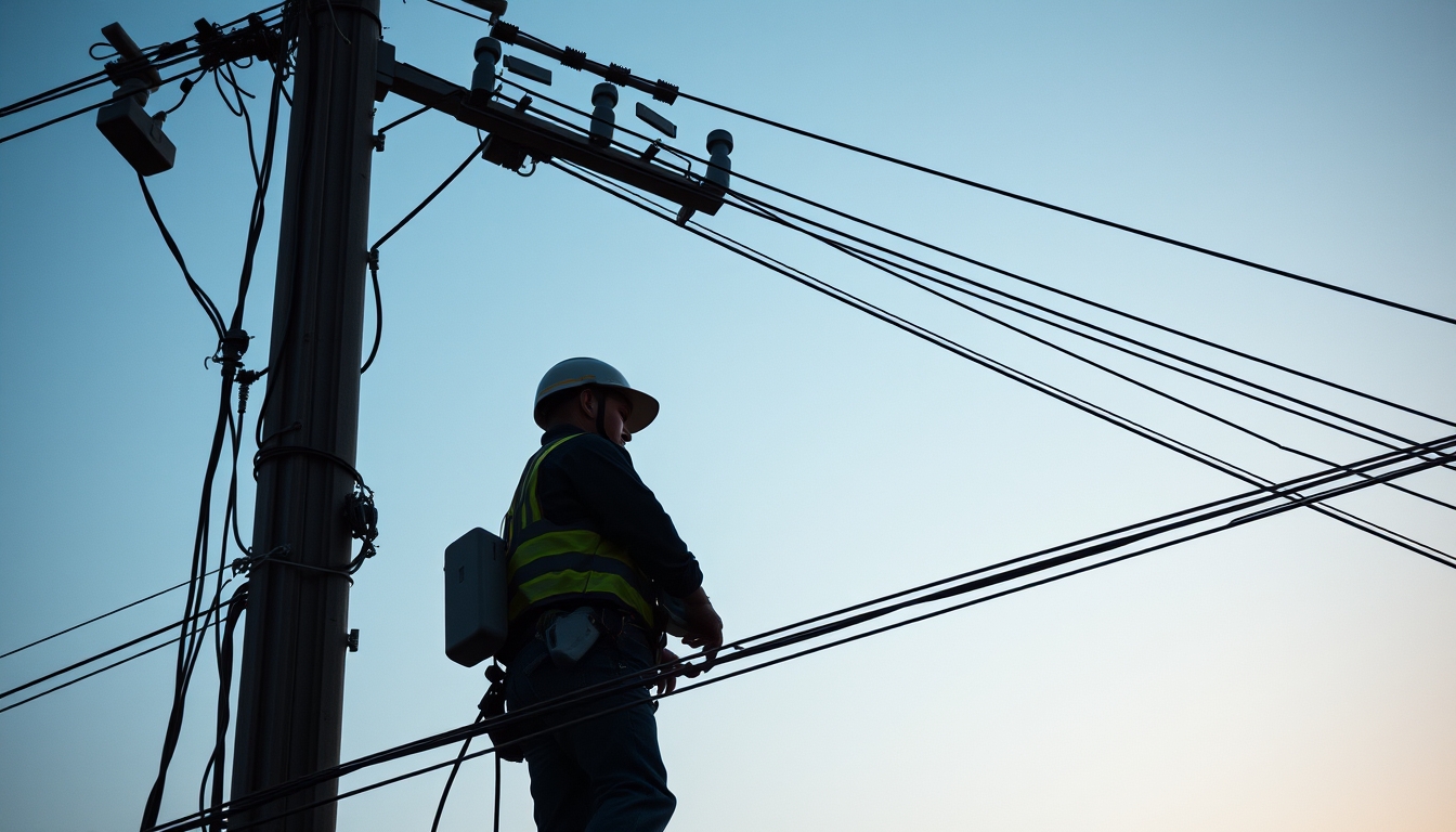 Fiber optic cable installation technicians on telephone pole em estilo editorial