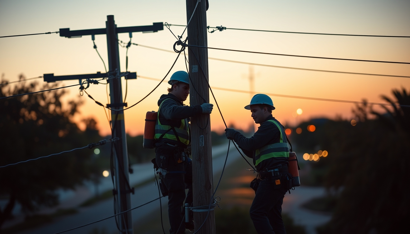 Fiber optic cable installation technicians on telephone pole em estilo editorial