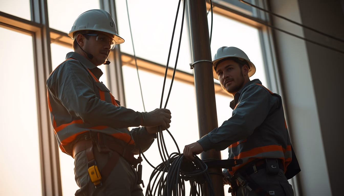 fiber optic cable installation technicians on telephone pole in editorial style