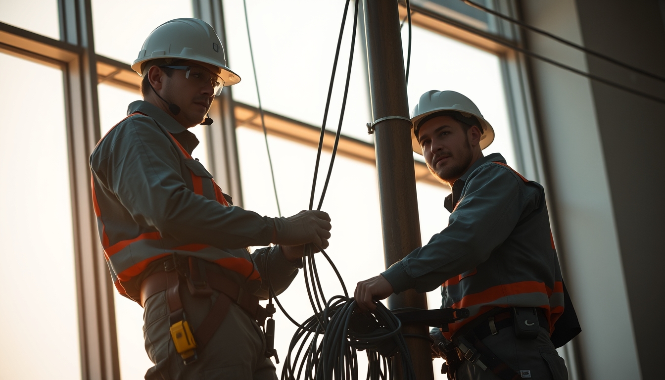 Fiber optic cable installation technicians on telephone pole em estilo editorial