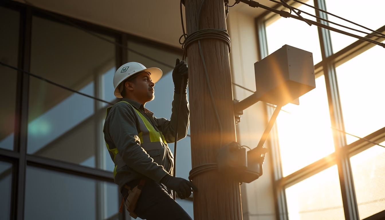 fiber optic cable installation technicians on telephone pole in editorial style