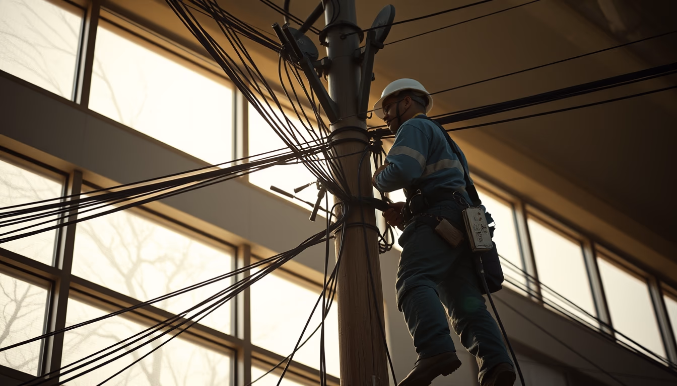 fiber optic cable installation technicians on telephone pole in editorial style