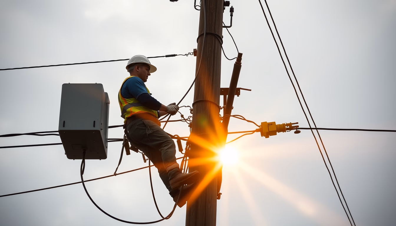 fiber optic cable installation technicians on telephone pole in editorial style