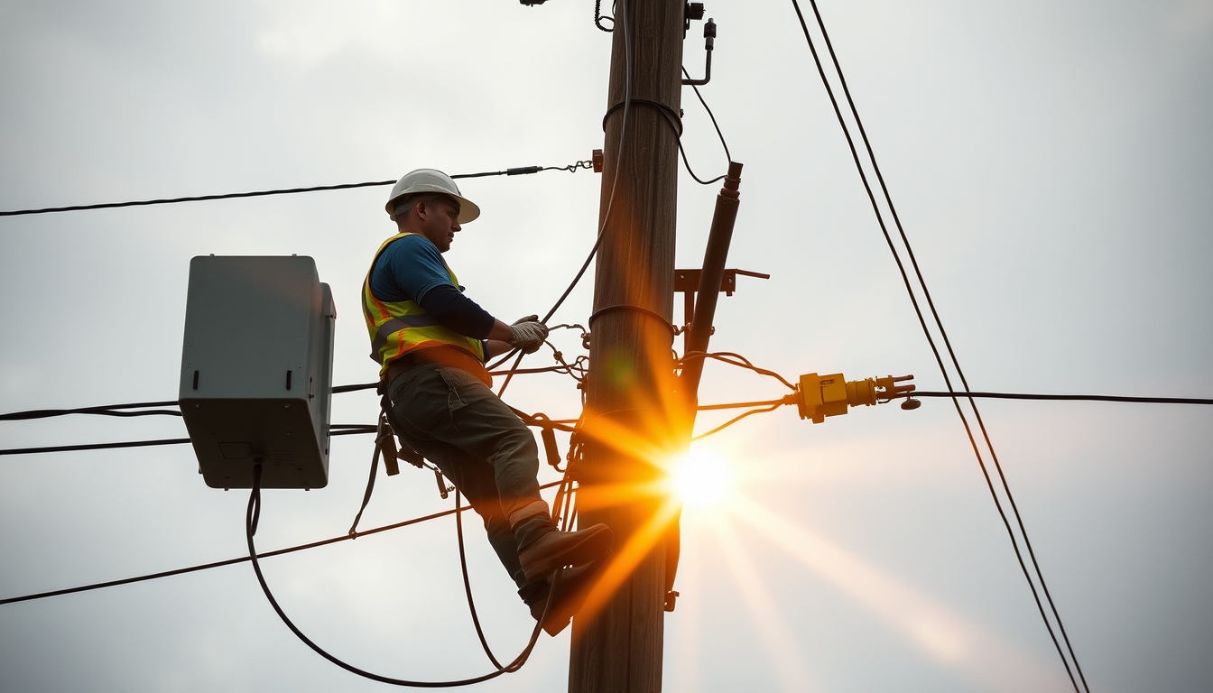 Fiber optic cable installation technicians on telephone pole em estilo editorial