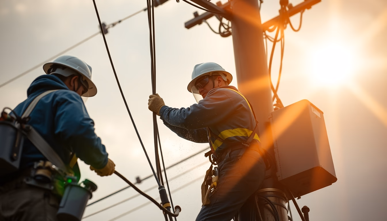 fiber optic cable installation technicians on telephone pole in editorial style