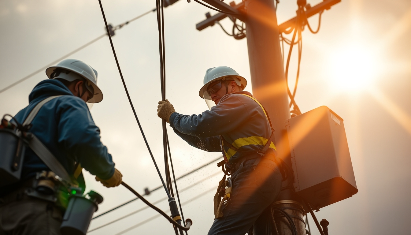 Fiber optic cable installation technicians on telephone pole em estilo editorial