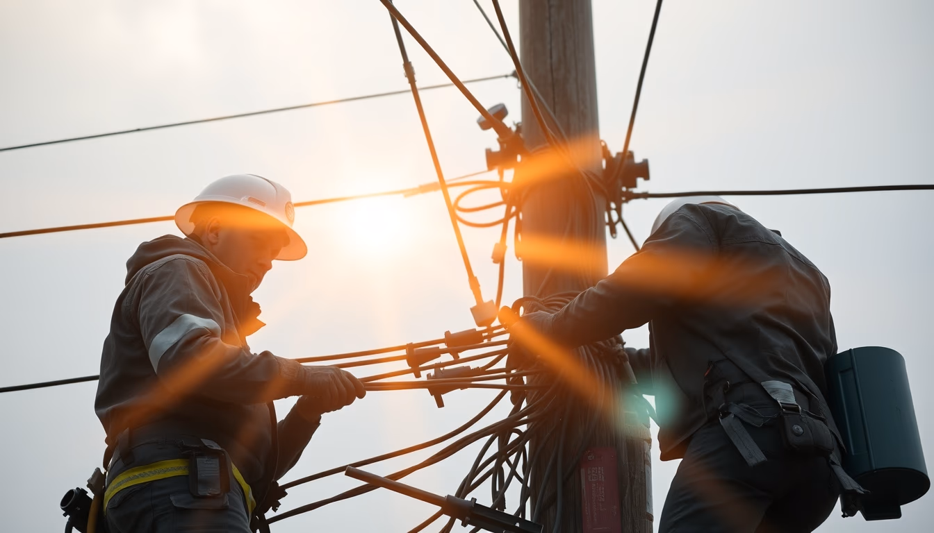 fiber optic cable installation technicians on telephone pole in editorial style