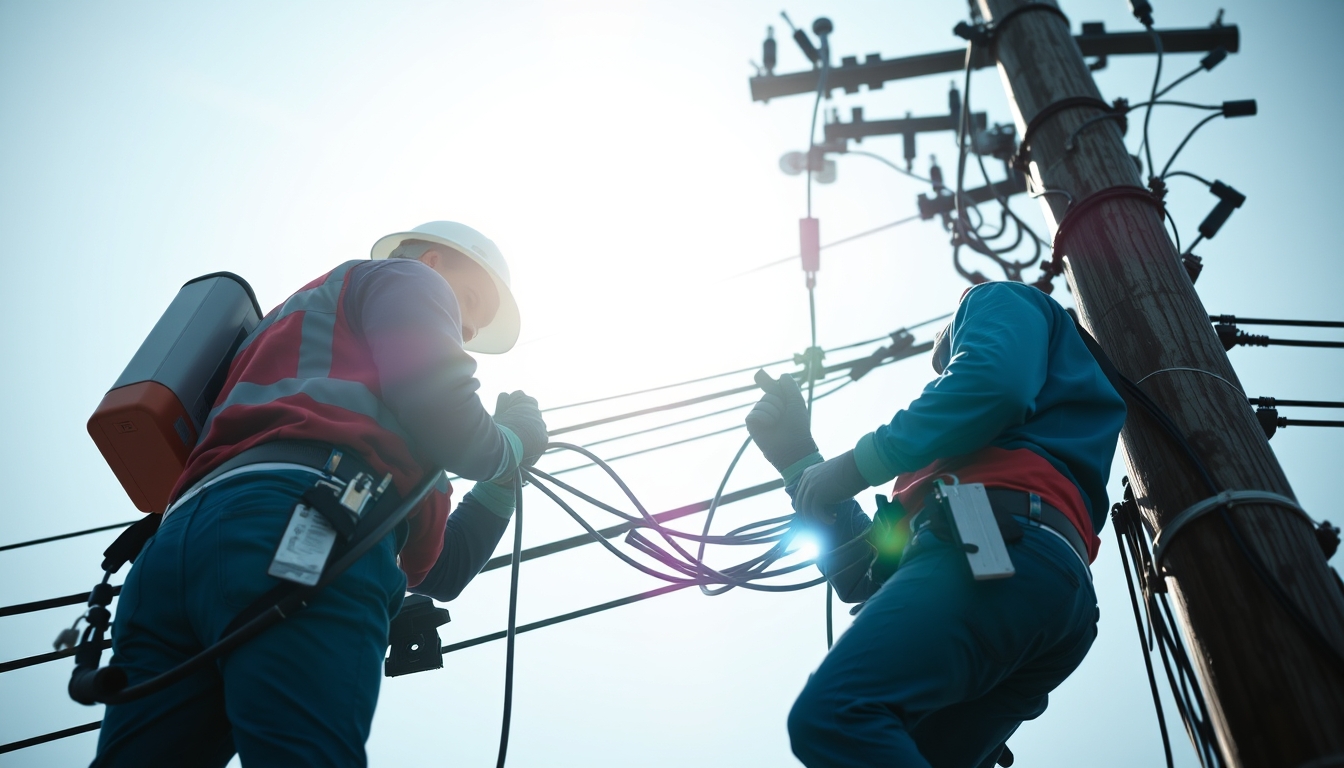 Fiber optic cable installation technicians on telephone pole em estilo editorial