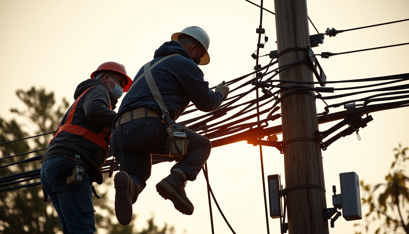 Fiber optic cable installation technicians on telephone pole em estilo editorial