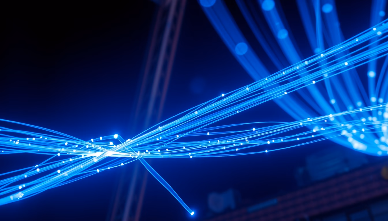 fiber optic cables glowing in dark in editorial style