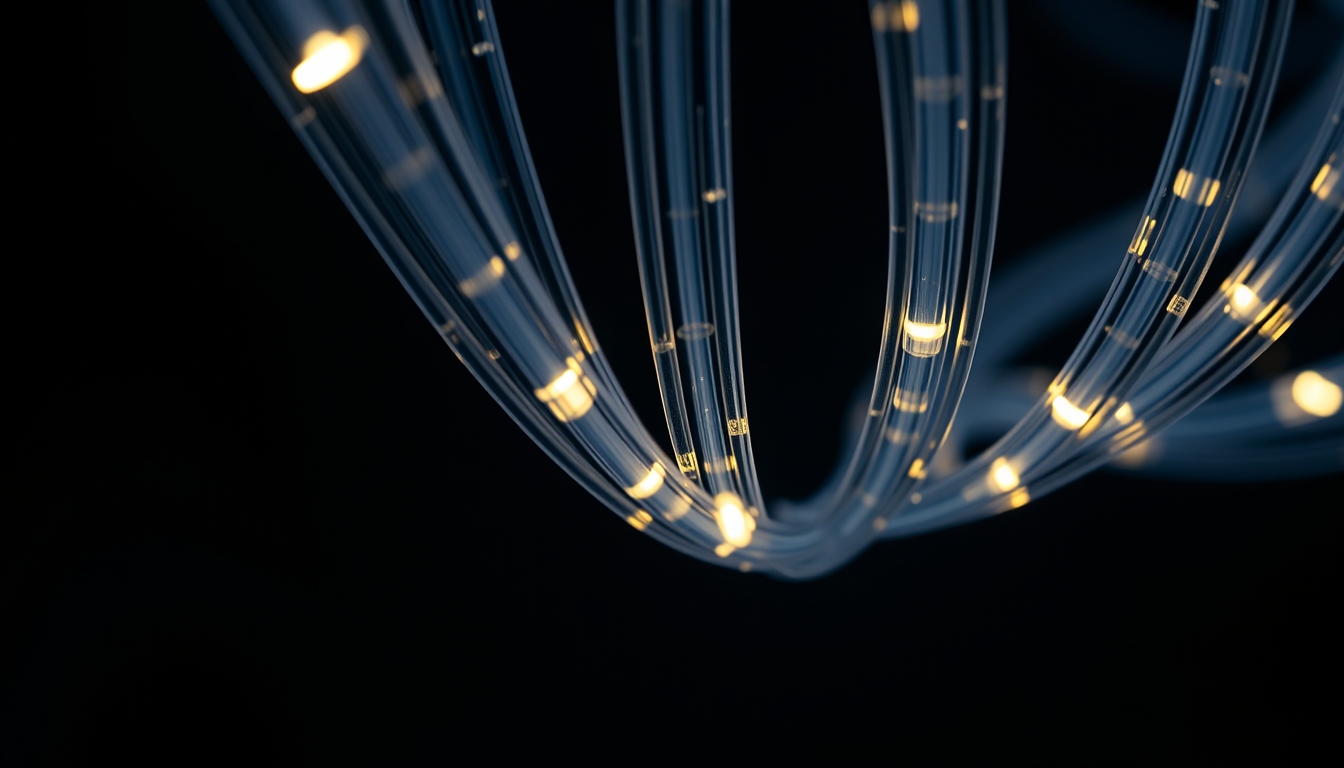 Fiber optic cables glowing in dark em estilo editorial