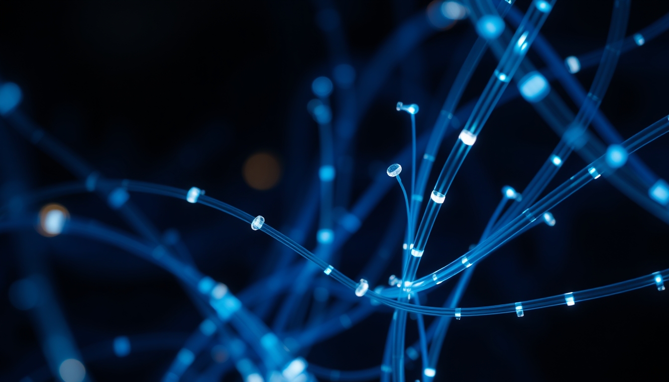 fiber optic cables glowing in dark in editorial style