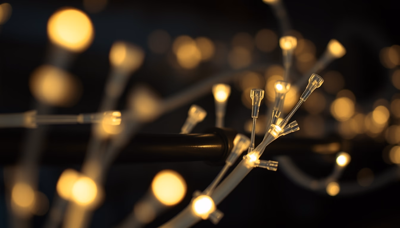 Fiber optic cables glowing in dark em estilo editorial