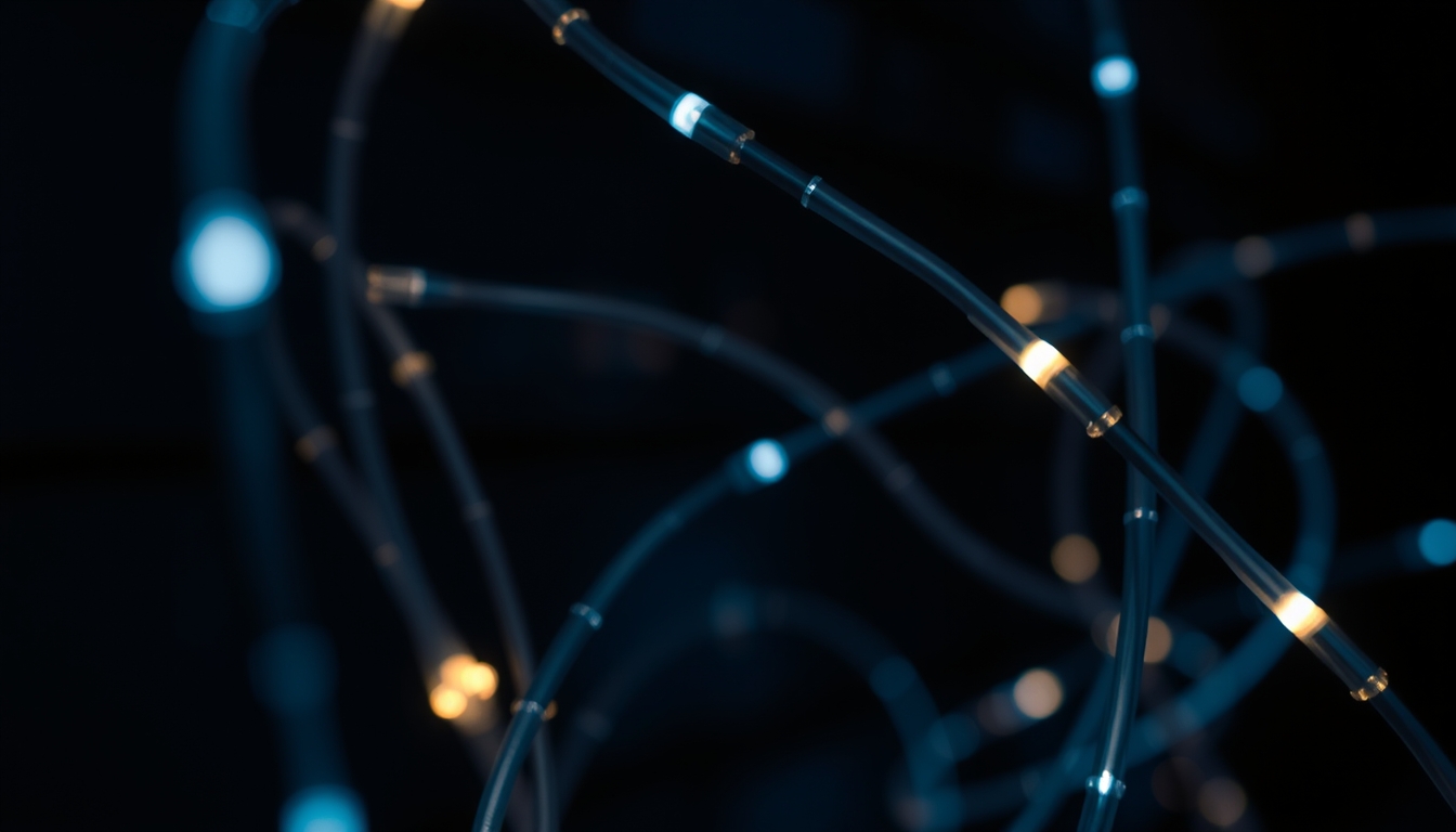 fiber optic cables glowing in dark in editorial style