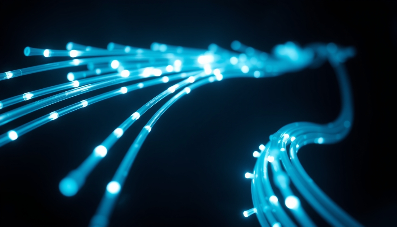 fiber optic cables glowing in dark in editorial style