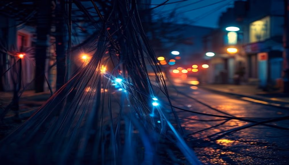 fiber optic cables glowing in dark in editorial style