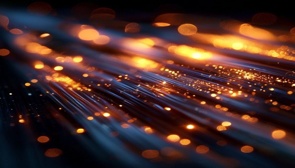 Fiber optic cables glowing in dark em estilo editorial