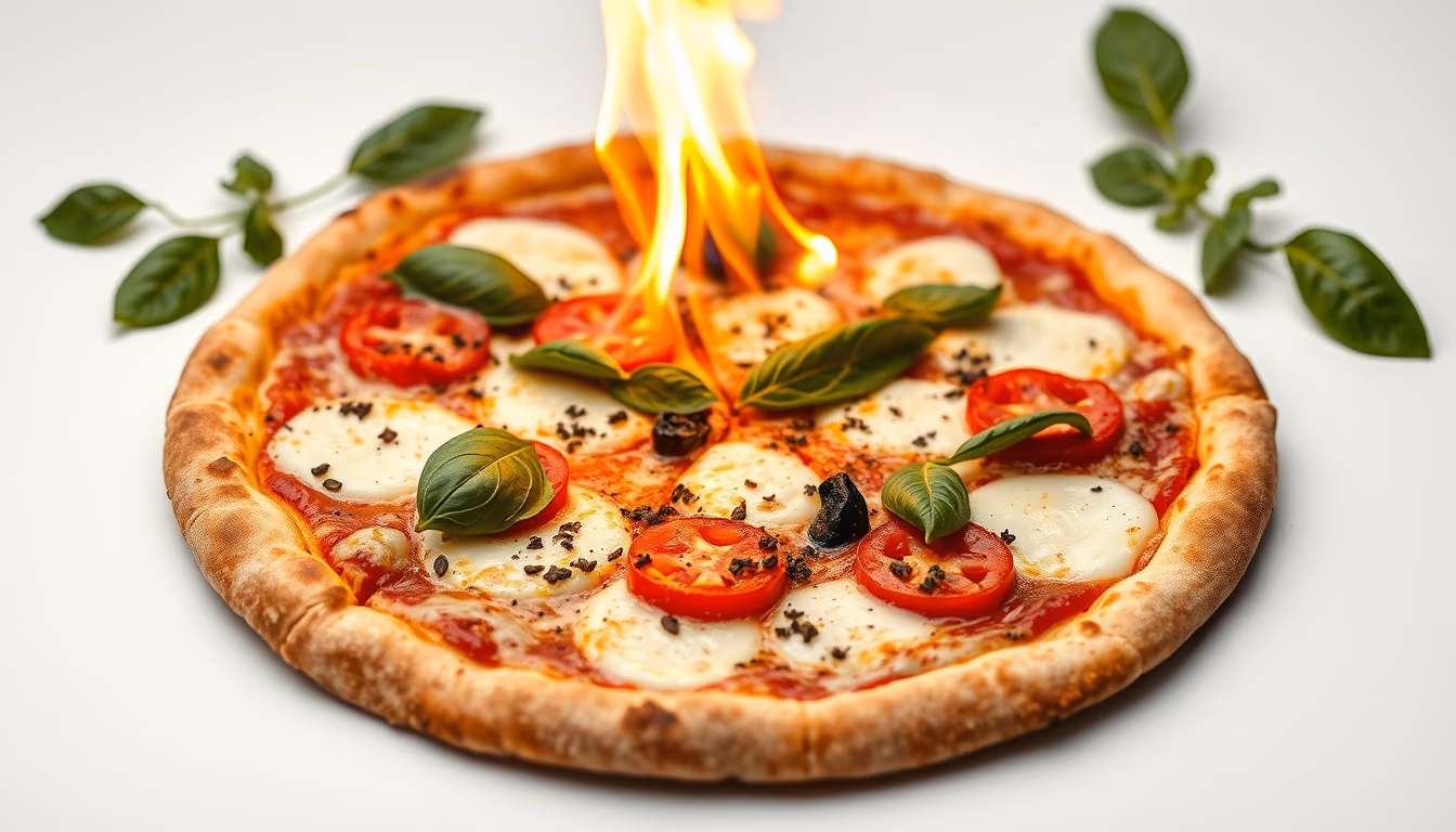 fire pizza margherita in editorial style