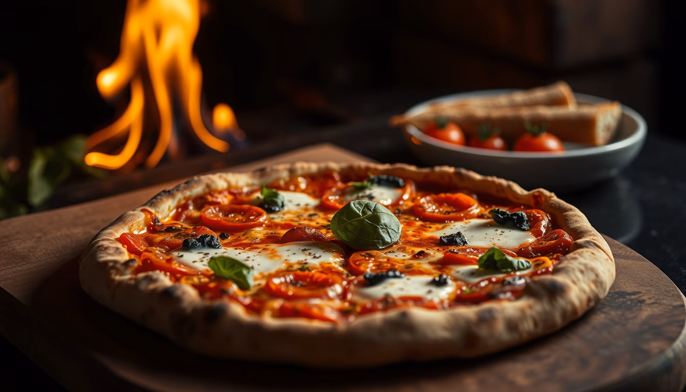 fire pizza margherita in editorial style