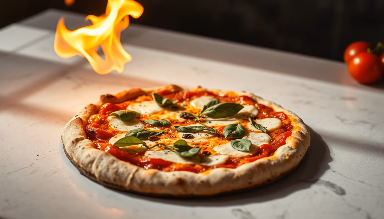 fire pizza margherita in editorial style