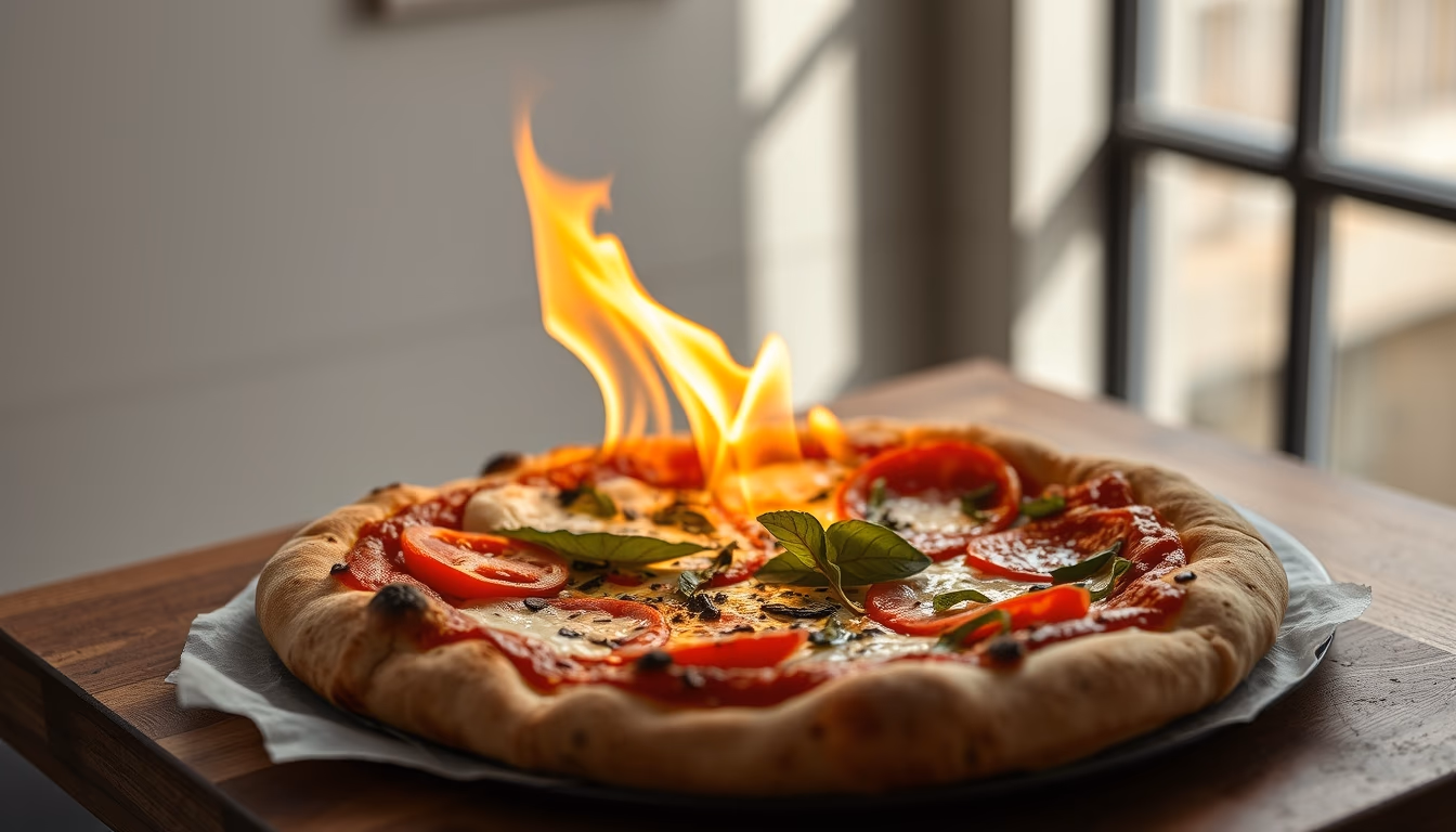 fire pizza margherita in editorial style