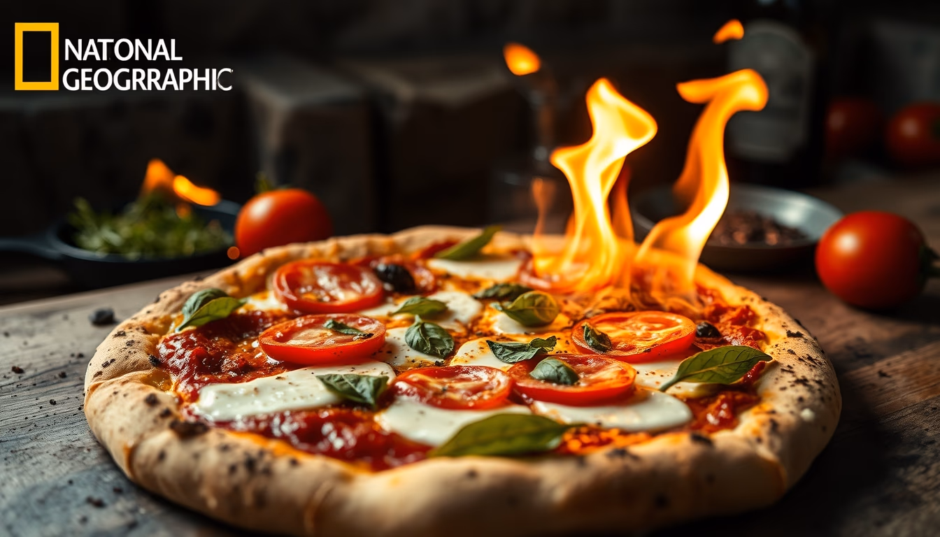 fire pizza margherita in editorial style