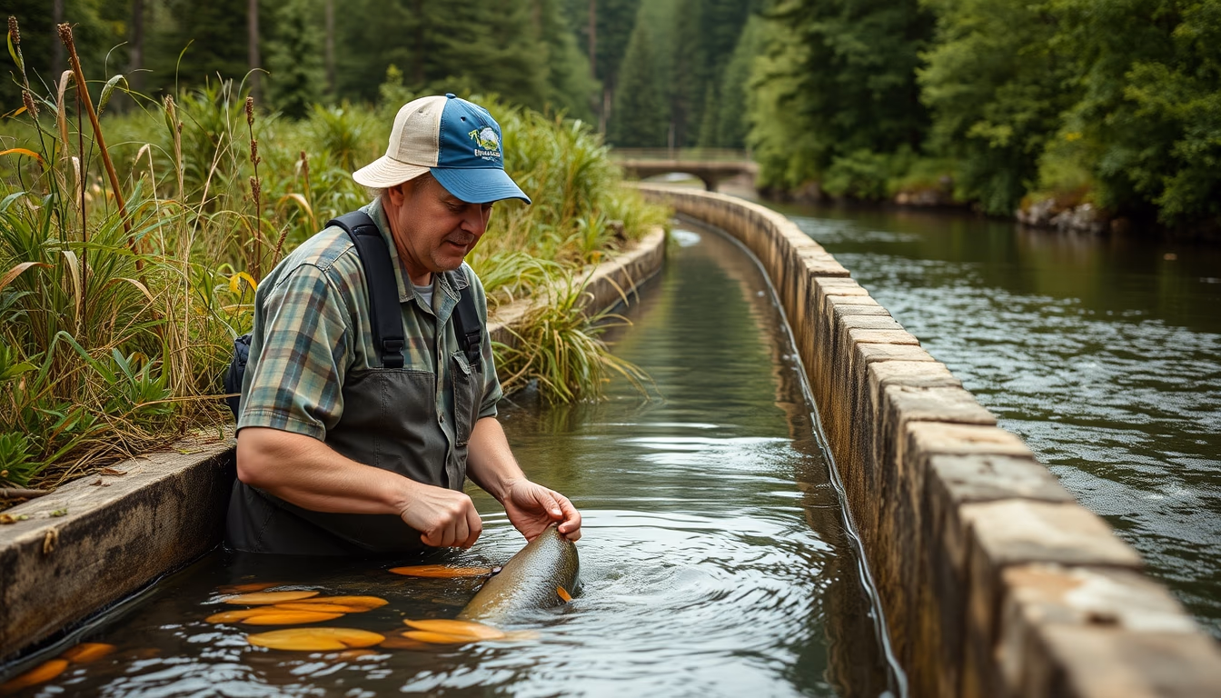 fish hatchery raceways in editorial style