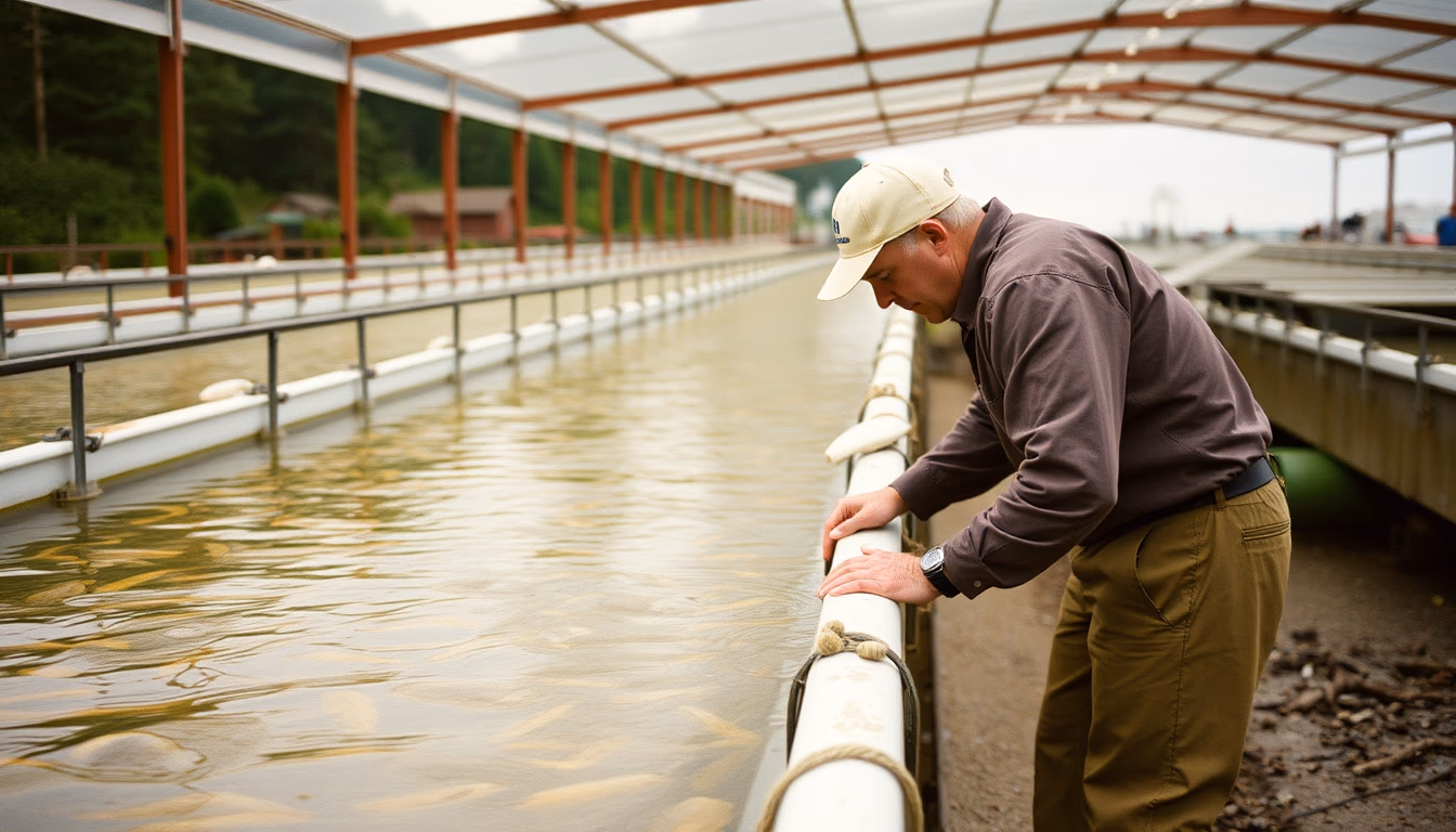fish hatchery raceways in editorial style