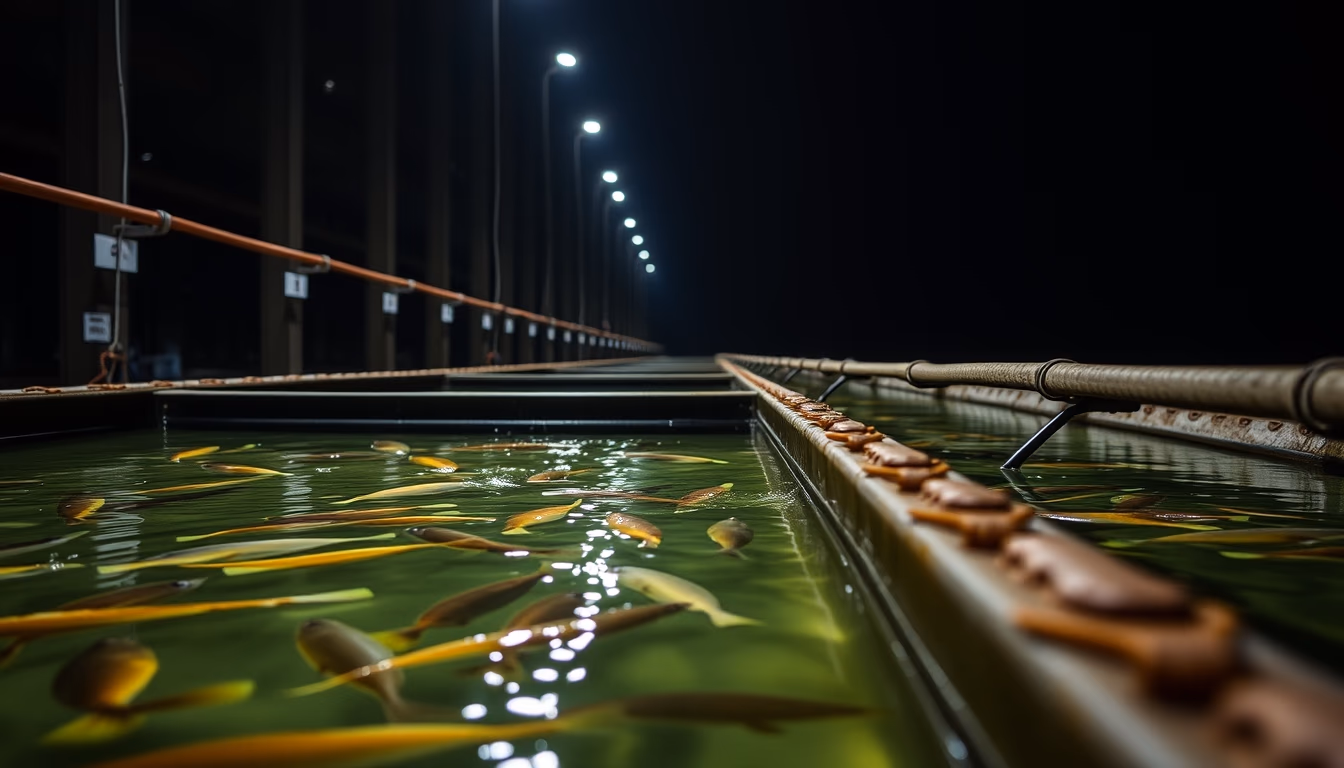 fish hatchery raceways in editorial style