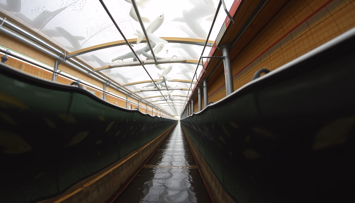 fish hatchery raceways in editorial style