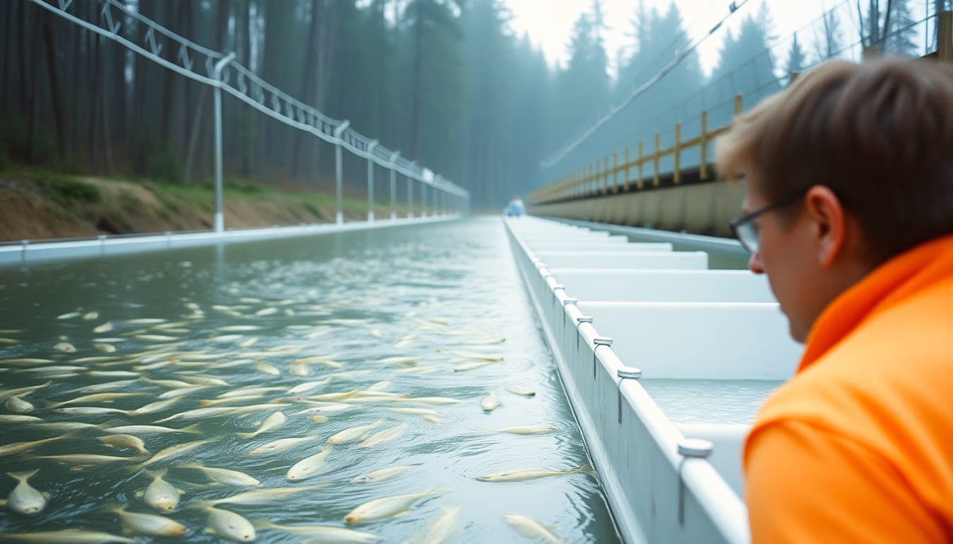 fish hatchery raceways in editorial style