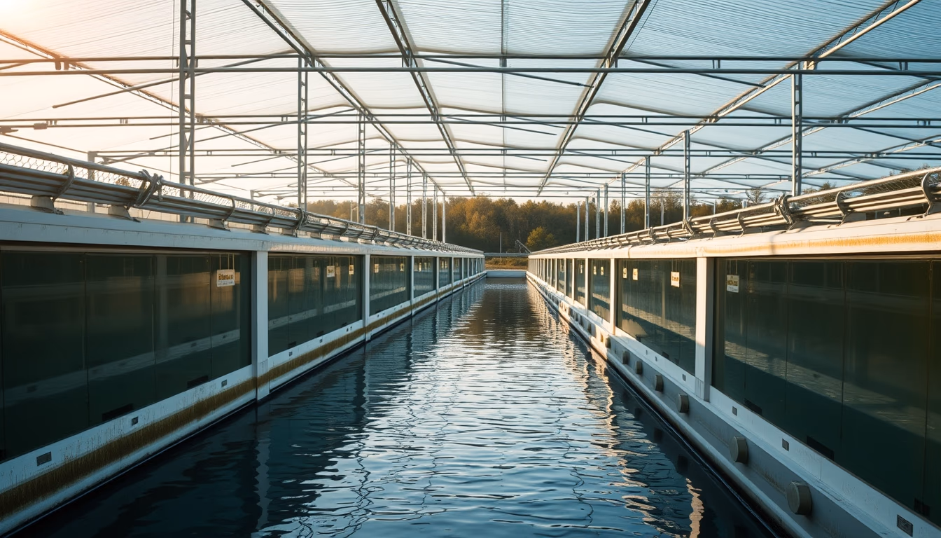 fish hatchery raceways in editorial style