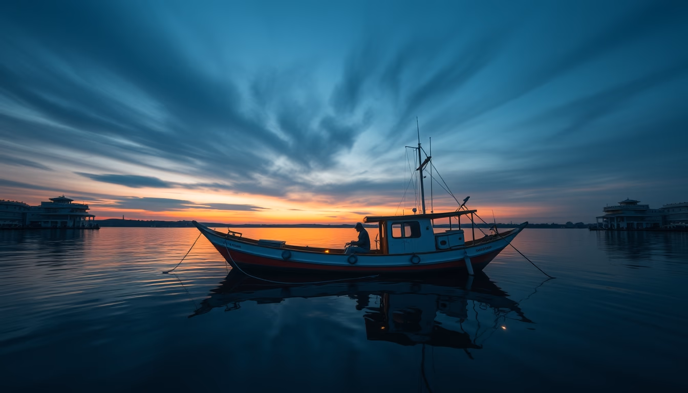 fishing boat at dawn in editorial style