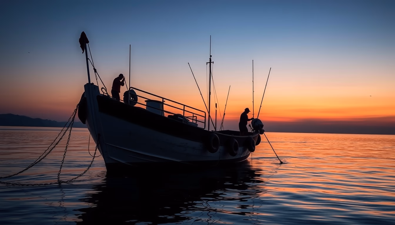 Fishing boat at dawn em estilo editorial